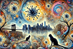 Dall·e 2025 03 17 06 40 49 An Abstract Expressionist Painting Depicting Highly Pathogenic Avian Influenza (hpai) Virus Particles And Cats In Manhattan The Artwork Features Swir