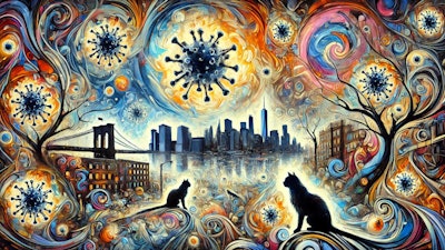 Dall·e 2025 03 17 06 40 49 An Abstract Expressionist Painting Depicting Highly Pathogenic Avian Influenza (hpai) Virus Particles And Cats In Manhattan The Artwork Features Swir