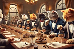 Dall·e 2025 03 18 10 49 09 A Group Of Humanoid Cats Dressed In Elegant Attire, Seated Around A Luxurious Tasting Table, Carefully Examining Goblets Filled With Different Types O
