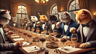 Dall·e 2025 03 18 10 49 09 A Group Of Humanoid Cats Dressed In Elegant Attire, Seated Around A Luxurious Tasting Table, Carefully Examining Goblets Filled With Different Types O
