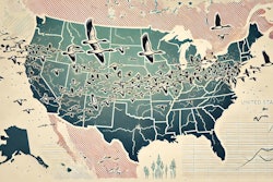 Dall·e 2025 03 20 06 08 16 A Landscape Oriented Illustration Showing A Stylized Map Of The United States With Flocks Of Migratory Birds Flying Overhead The Birds Should Appear