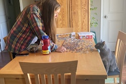 Deacon the cat “helping” with that popular pandemic pastime, a jigsaw puzzle, by knocking pieces onto the floor.