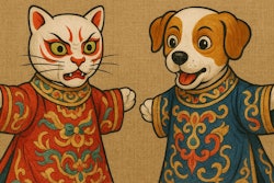 Taiwanese Budaixi puppet theater glove puppets with expressive painted faces of a dog and a cat.