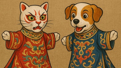 Taiwanese Budaixi puppet theater glove puppets with expressive painted faces of a dog and a cat.