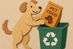 A Paper Cut Out Image Of A Dog Dropping A Pet Food Bag Into A Recycling Bin