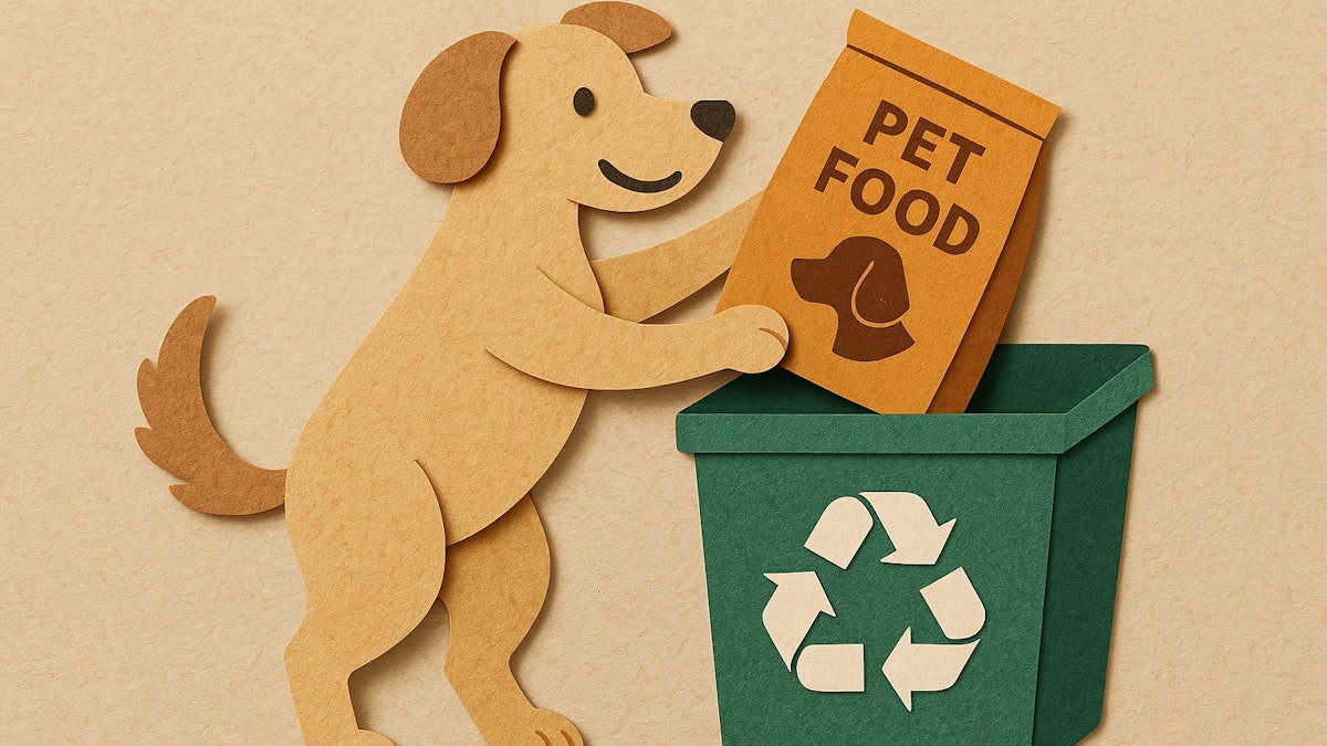 Dog dropping a pet food bag into a recycling bin