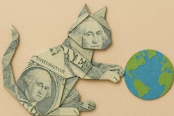 An Origami Dollar Bill In The Shape Of A Cat Playing With The Earth In Its Paws Like A Ball Of String