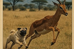 A Photo From An Old National Geographic Featuring A Pug Dog Chasing An Impala On The African Savannah