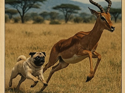 A Photo From An Old National Geographic Featuring A Pug Dog Chasing An Impala On The African Savannah