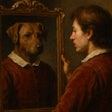 A Baroque oil painting of a person looking in the mirror. Instead of their reflection, they see a humanoid dog wearing the same clothes.