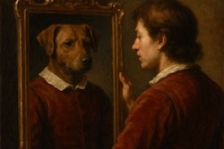 A Baroque oil painting of a person looking in the mirror. Instead of their reflection, they see a humanoid dog wearing the same clothes.