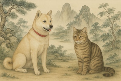 Gongbi painting of a dog and cat