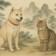 Gongbi painting of a dog and cat