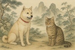 Gongbi painting of a dog and cat