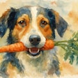 Watercolor painting of a dog holding a carrot in its mouth