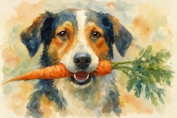 Watercolor painting of a dog holding a carrot in its mouth