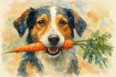 Watercolor painting of a dog holding a carrot in its mouth