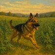 A Landscape Oil Painting A Bucolic Scene Of A German Shepherd Running In A Field Of Hemp