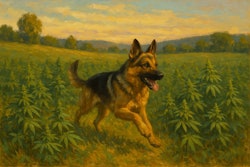 A Landscape Oil Painting A Bucolic Scene Of A German Shepherd Running In A Field Of Hemp