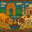 A Vibrant Phad Painting Of Two Dogs Eating Kibble With Indian Landmarks In The Background