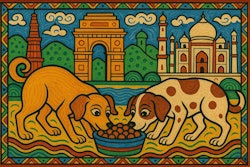 A Vibrant Phad Painting Of Two Dogs Eating Kibble With Indian Landmarks In The Background