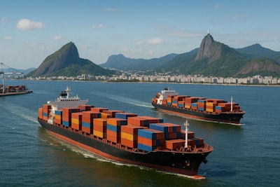 Container Ships Loaded With Kibble Leaving The Port Of Rio, Brazil