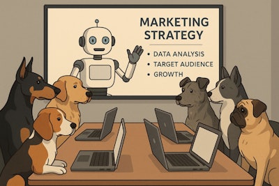 Dogs In A Business Meeting With Many Computers On The Table There Is A Screen Behind Them On The Screen, A Robot Presents Marketing Jargon