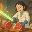 A Female Scientist Slicing A Side Of Beef In Half With A Sword Made Of Enzymes A Group Of Hungry Cats Is Watching Her