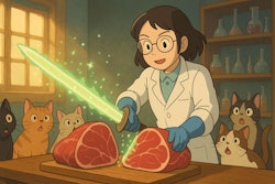 A Female Scientist Slicing A Side Of Beef In Half With A Sword Made Of Enzymes A Group Of Hungry Cats Is Watching Her