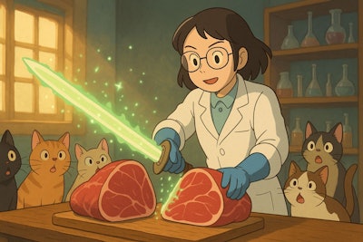 A Female Scientist Slicing A Side Of Beef In Half With A Sword Made Of Enzymes A Group Of Hungry Cats Is Watching Her