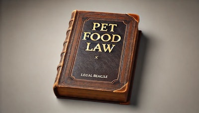 Dall·e 2024 07 08 12 43 49 A Thick, Leather Bound Book Titled 'pet Food Law' By Legal Beagle The Cover Is Made Of Dark Brown Leather With Gold Embossed Lettering For The Title