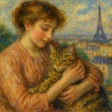 Impressionist Oil Painting Of A Woman Cuddling A Pet Cat In Paris