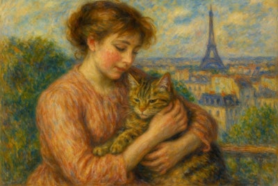 Impressionist Oil Painting Of A Woman Cuddling A Pet Cat In Paris