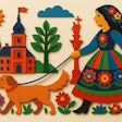 Wycinanki paper cutout image of a woman walking a dog in Warsaw, Poland