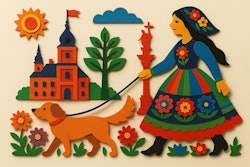 Wycinanki paper cutout image of a woman walking a dog in Warsaw, Poland
