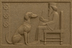 Stone Relief Carving Of A Saluki Dog Sitting At The Feet Of King Darius
