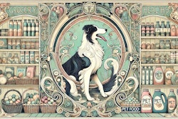 Dall·e 2024 07 10 12 30 17 An Art Nouveau Style Illustration Of A Dog In A Grocery Store The Dog Is Elegantly Posed, Surrounded By Shelves Filled With Various Groceries And Pet