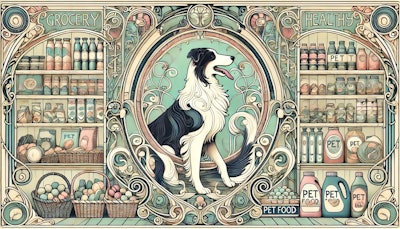 Dall·e 2024 07 10 12 30 17 An Art Nouveau Style Illustration Of A Dog In A Grocery Store The Dog Is Elegantly Posed, Surrounded By Shelves Filled With Various Groceries And Pet