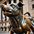 Dall·e 2024 08 21 12 41 29 A Highly Detailed Bronze Statue Of A Barking Dog, Positioned Prominently On Wall Street The Dog Is Depicted Mid Bark, With Its Mouth Open And Head Sl