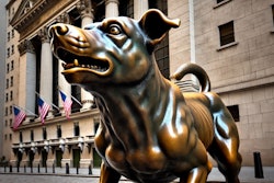 Dall·e 2024 08 21 12 41 29 A Highly Detailed Bronze Statue Of A Barking Dog, Positioned Prominently On Wall Street The Dog Is Depicted Mid Bark, With Its Mouth Open And Head Sl