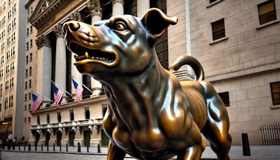 Dall·e 2024 08 21 12 41 29 A Highly Detailed Bronze Statue Of A Barking Dog, Positioned Prominently On Wall Street The Dog Is Depicted Mid Bark, With Its Mouth Open And Head Sl
