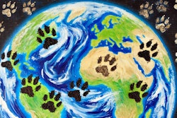 Dall·e 2024 09 10 09 25 03 An Oil Painting Of The Earth, Viewed From Space Like The Famous 'blue Marble' Image, But Covered With Dirty Dog And Cat Footprints The Planet's Blue