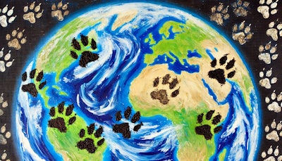 Dall·e 2024 09 10 09 25 03 An Oil Painting Of The Earth, Viewed From Space Like The Famous 'blue Marble' Image, But Covered With Dirty Dog And Cat Footprints The Planet's Blue