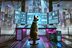Dall·e 2024 10 04 10 15 26 A Cyberpunk Scene Featuring A Dog Working At A Large, Futuristic Computer Terminal The Dog, A Medium Sized Breed With A Sleek, High Tech Collar, Sits