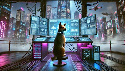 Dall·e 2024 10 04 10 15 26 A Cyberpunk Scene Featuring A Dog Working At A Large, Futuristic Computer Terminal The Dog, A Medium Sized Breed With A Sleek, High Tech Collar, Sits
