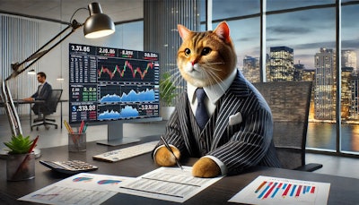 Dall·e 2024 11 26 09 14 51 A Realistic Cgi Image Of A Cat Dressed As A Stock Broker The Cat Is Wearing A Tailored Business Suit With A Tie, Sitting At A Modern Desk Surrounded