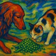 Die Blaue Reiter Painting Of An Irish Setter And A Calico Cat Sniffing A Pile Of Peas