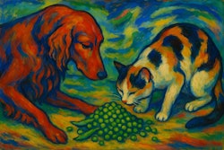Die Blaue Reiter Painting Of An Irish Setter And A Calico Cat Sniffing A Pile Of Peas