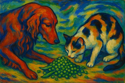 Die Blaue Reiter Painting Of An Irish Setter And A Calico Cat Sniffing A Pile Of Peas