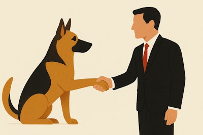 Minimalist Painting Depicting A Geman Shpherd Shaking Hands With A Business Man
